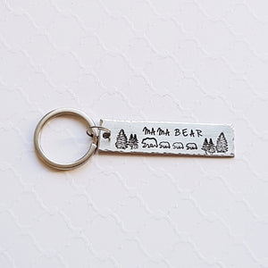 Silver bar keychain with mama and baby bear forest scene