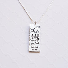 Load image into Gallery viewer, Silver bar necklace with mama and baby bears forest scene