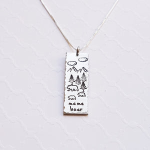 Silver bar necklace with mama and baby bears forest scene