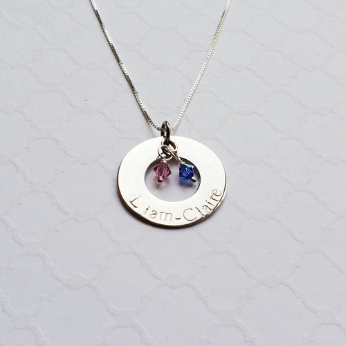 silver washer necklace with kids' names and birthstones
