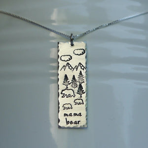 Silver bar necklace with mama and baby bears forest scene