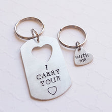 Load image into Gallery viewer, couples keychain set with dog tag and heart cut-out