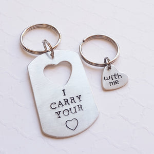 couples keychain set with dog tag and heart cut-out