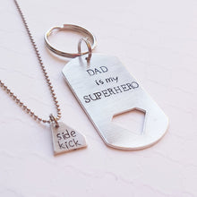 Load image into Gallery viewer, superhero dad dog tag keychain with diamond cut-out &quot;sidekick&quot; necklace