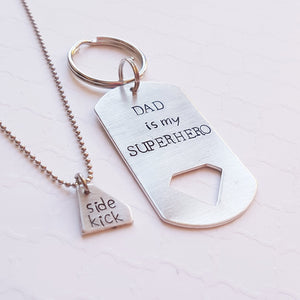 superhero dad dog tag keychain with diamond cut-out "sidekick" necklace