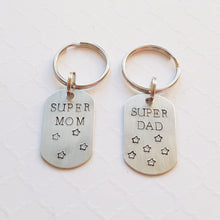 Load image into Gallery viewer, &quot;super mom/dad&quot; tiny dog tag keychain