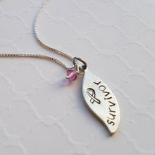 Load image into Gallery viewer, cancer survivor leaf necklace with pink swarovski crystal
