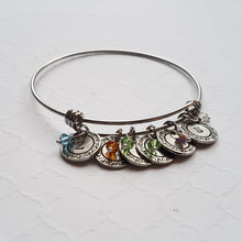 Load image into Gallery viewer, bangle bracelet with initial charms and birthstones