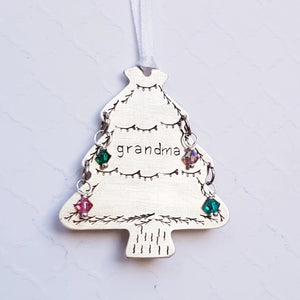 stamped christmas tree ornament for grandma with grandchildren's birthstones