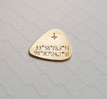 Load image into Gallery viewer, custom bronze guitar pick with coordinates