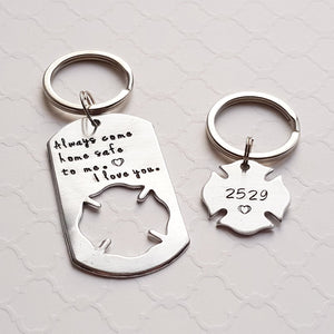 couples keychain set with dog tag and firefighter cross