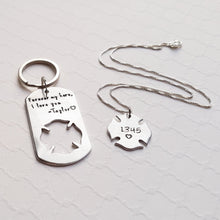 Load image into Gallery viewer, couples set with dog tag keychain and firefighter cross necklace