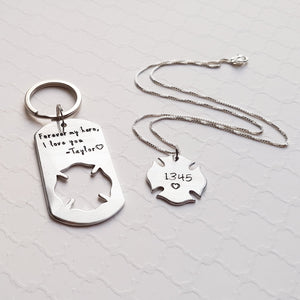 couples set with dog tag keychain and firefighter cross necklace