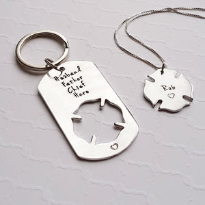 couples set with dog tag keychain and firefighter cross necklace