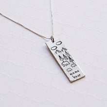 Load image into Gallery viewer, Silver bar necklace with mama and baby bears forest scene