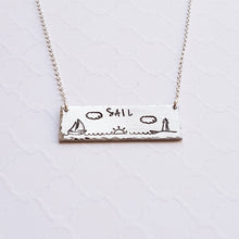 Load image into Gallery viewer, Silver bar necklace with sailboat, sunrise, and lighthouse