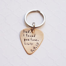 Load image into Gallery viewer, bronze father-of-bride guitar pick keychain