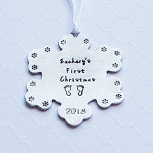 Load image into Gallery viewer, &quot;baby&#39;s first christmas&quot; snowflake-shaped christmas ornament with baby&#39;s name, birth year, and tiny footprint stamps