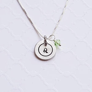 tiny disc necklace with zodiac symbol and swarovski birthstone