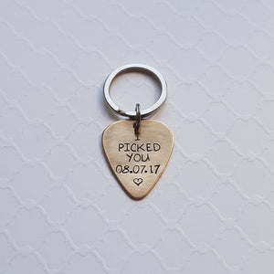 bronze 8th anniversary "I pick you" guitar pick keychain