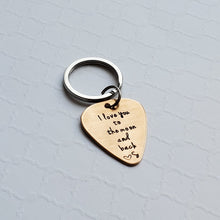 Load image into Gallery viewer, bronze &quot;love you to the moon and back&quot; 8th anniversary guitar pick keychain