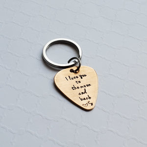 bronze "love you to the moon and back" 8th anniversary guitar pick keychain