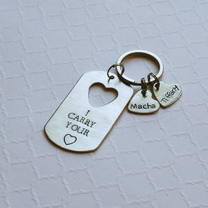 dog tag keychain with cut-out name hearts