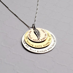mixed metal layered memorial pendant with sterling angel wing