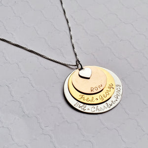 three-layer mixed metal name necklace for mom with heart charm