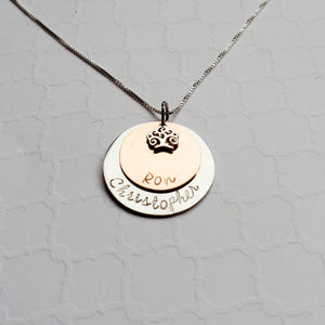 two-layer silver and rose gold mom name necklace with tree charm