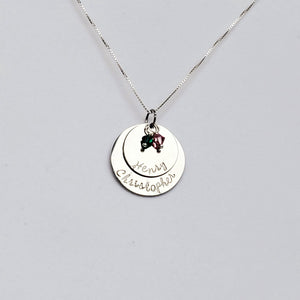 mom's silver two-layer necklace with kids' names and swarovski birthstones
