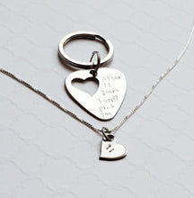 Load image into Gallery viewer, steel guitar pick keychain with heart cut out on a necklace