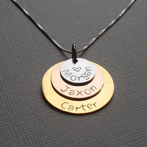 three-layer mixed metal necklace for mom with kids' names