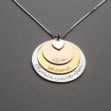Load image into Gallery viewer, three-layer mixed metal name necklace for mom with heart charm