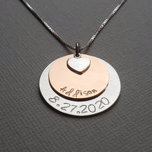 Load image into Gallery viewer, two-layer silver and rose gold mom name necklace with heart charm