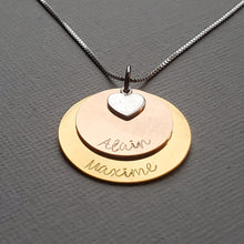 Load image into Gallery viewer, two-layer mixed metal name necklace for mom with heart charm