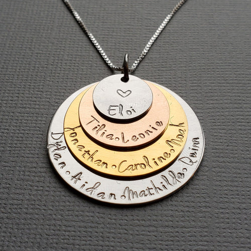 four-layer mixed metal necklace for grandma with grandkids' names