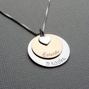 two-layer silver and rose gold mom name necklace with heart charm