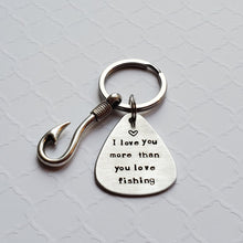 Load image into Gallery viewer, &quot;love you more than you love fishing&quot; fishing lure keychain with fishhook charm