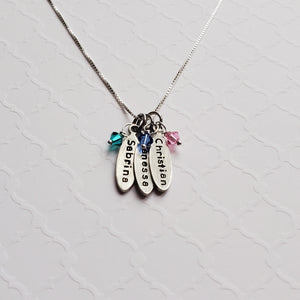 mom necklace with tiny kids' name charms and birthstones