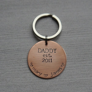 large copper disc dad keychain with kids' names for father's day