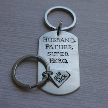 Load image into Gallery viewer, superhero dad dog tag keychain with diamond cut-out &quot;sidekick&quot; keychain