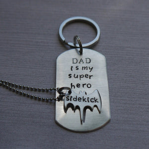 superhero dad dog tag keychain with bat cut-out "sidekick" necklace