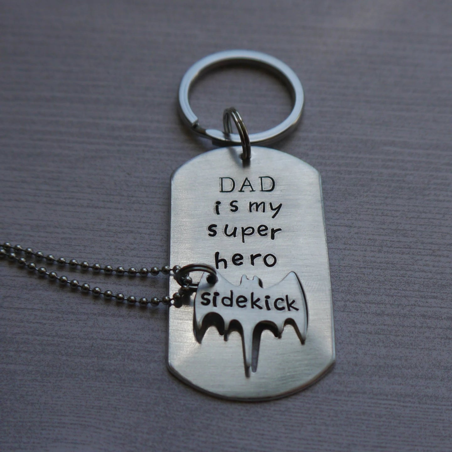 superhero dad dog tag keychain with bat cut-out 