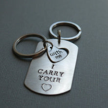 Load image into Gallery viewer, couples keychain set with dog tag and heart cut-out