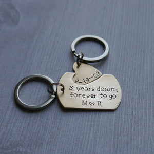 bronze 8th anniversary couples keychain set with dog tag and heart cut-out