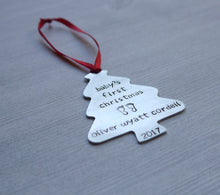 Load image into Gallery viewer, &quot;baby&#39;s first christmas&quot; tree-shaped christmas ornament with baby&#39;s name, birth year, and tiny footprint stamps
