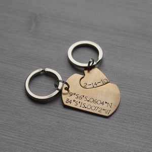 bronze 8th anniversary couples keychain set with dog tag and heart cut-out
