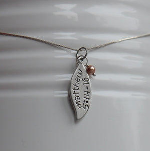 religious verse leaf necklace with pink pearl