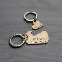 Load image into Gallery viewer, bronze 8th anniversary couples keychain set with dog tag and heart cut-out